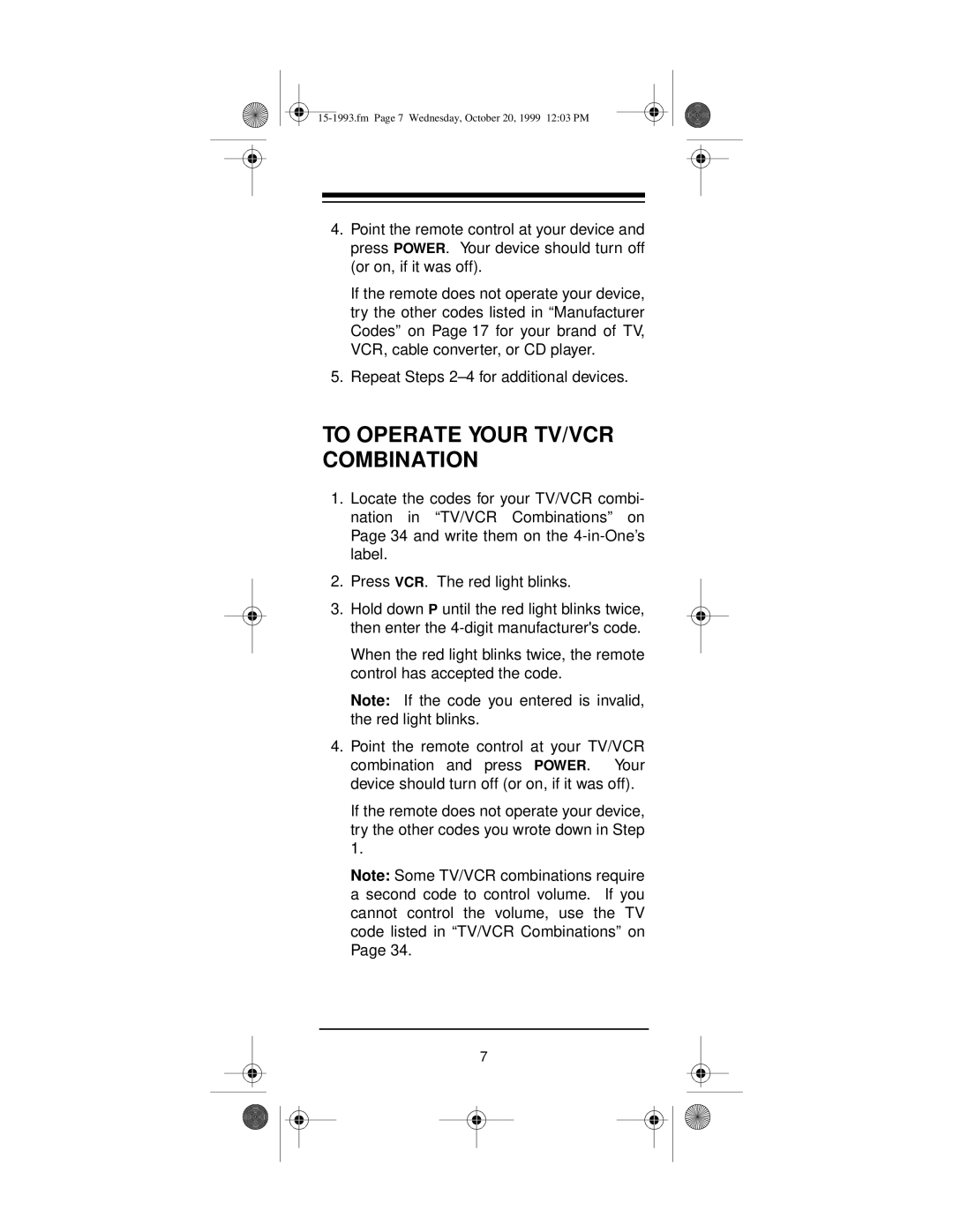 Radio Shack 4-in-One Smart Light-Up Remote Control owner manual To Operate Your TV/VCR Combination 