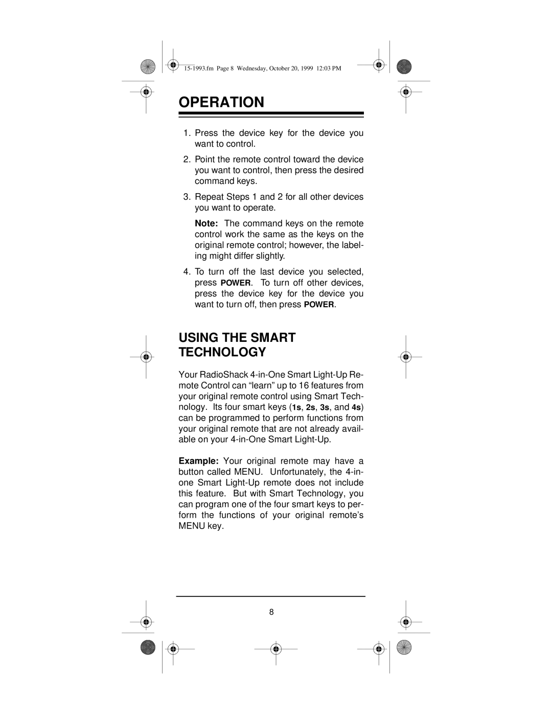 Radio Shack 4-in-One Smart Light-Up Remote Control owner manual Operation, Using the Smart Technology 