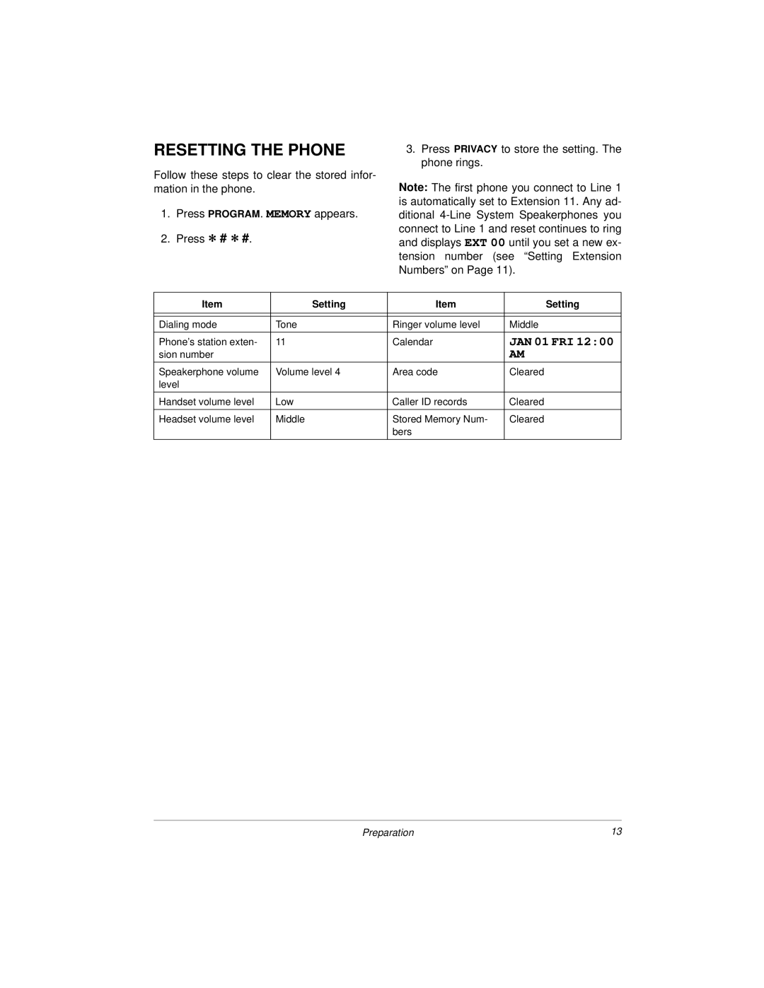 Radio Shack 4-Line System Speakerphone with Caller ID and Headset Jack owner manual Resetting the Phone, JAN 01 FRI 