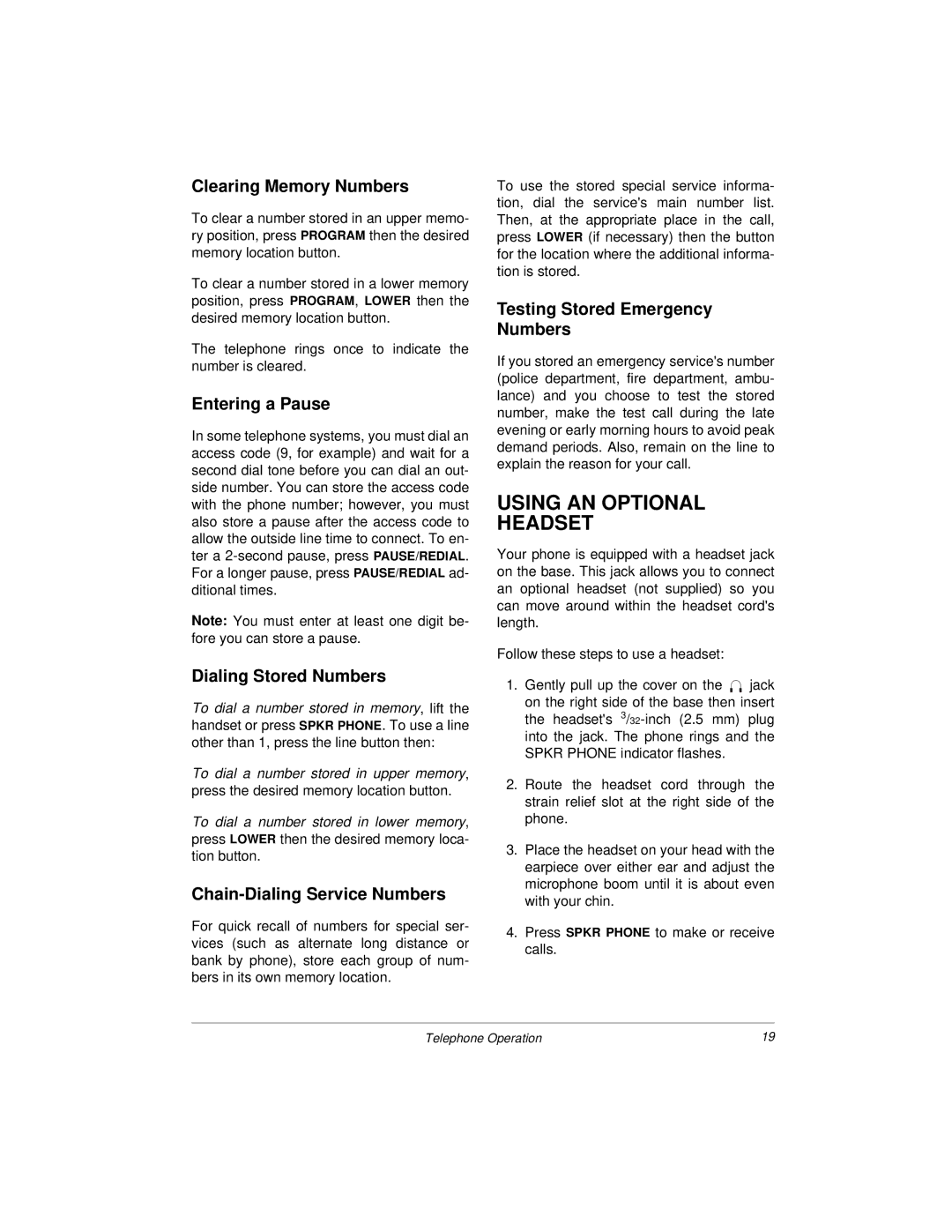 Radio Shack 4-Line System Speakerphone with Caller ID and Headset Jack owner manual Using AN Optional Headset 