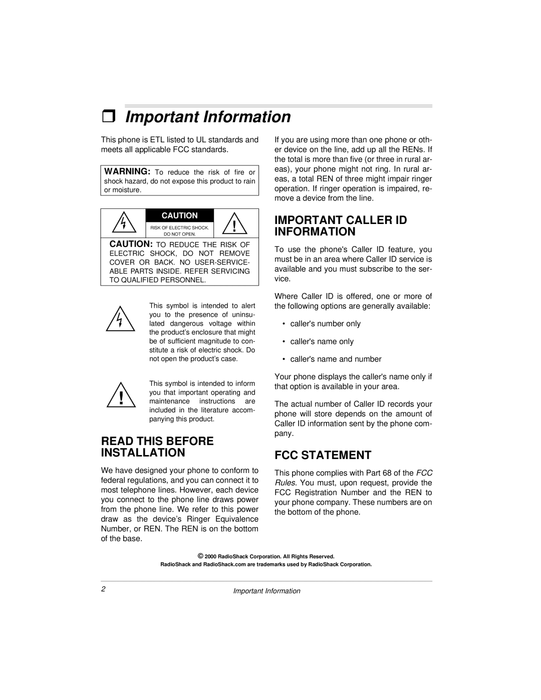 Radio Shack 4-Line System Speakerphone with Caller ID and Headset Jack owner manual Important Information, FCC Statement 