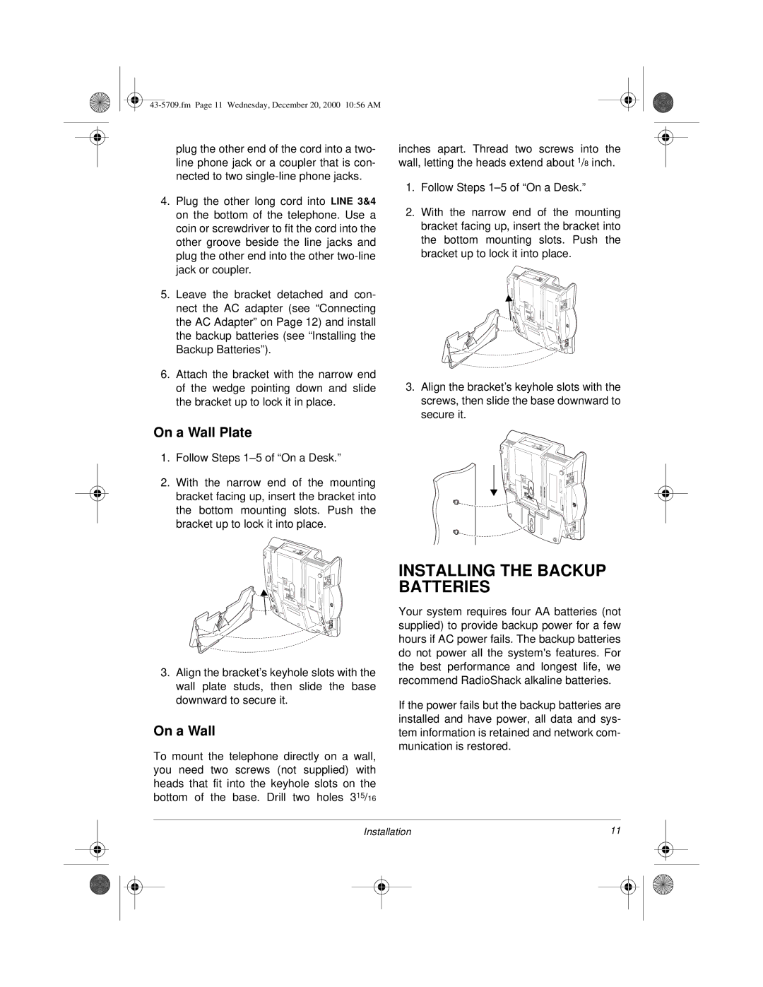 Radio Shack 4-Line Telephone System with Speakerphone and Caller ID Installing the Backup Batteries, On a Wall Plate 