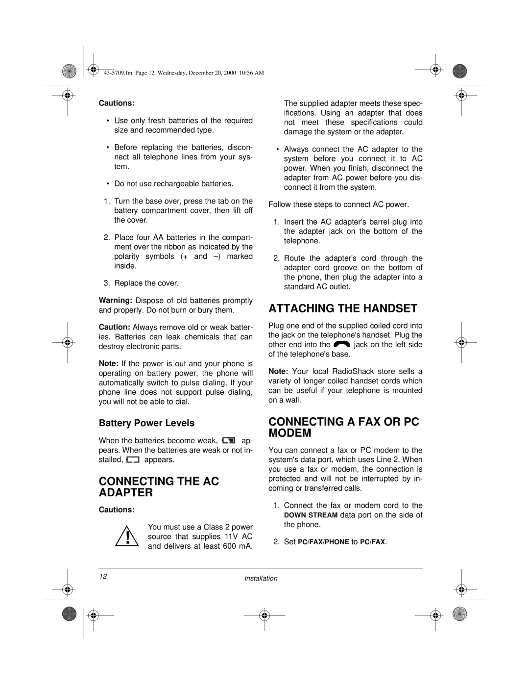 Radio Shack 4-Line Telephone System with Speakerphone and Caller ID Connecting the AC Adapter, Battery Power Levels 