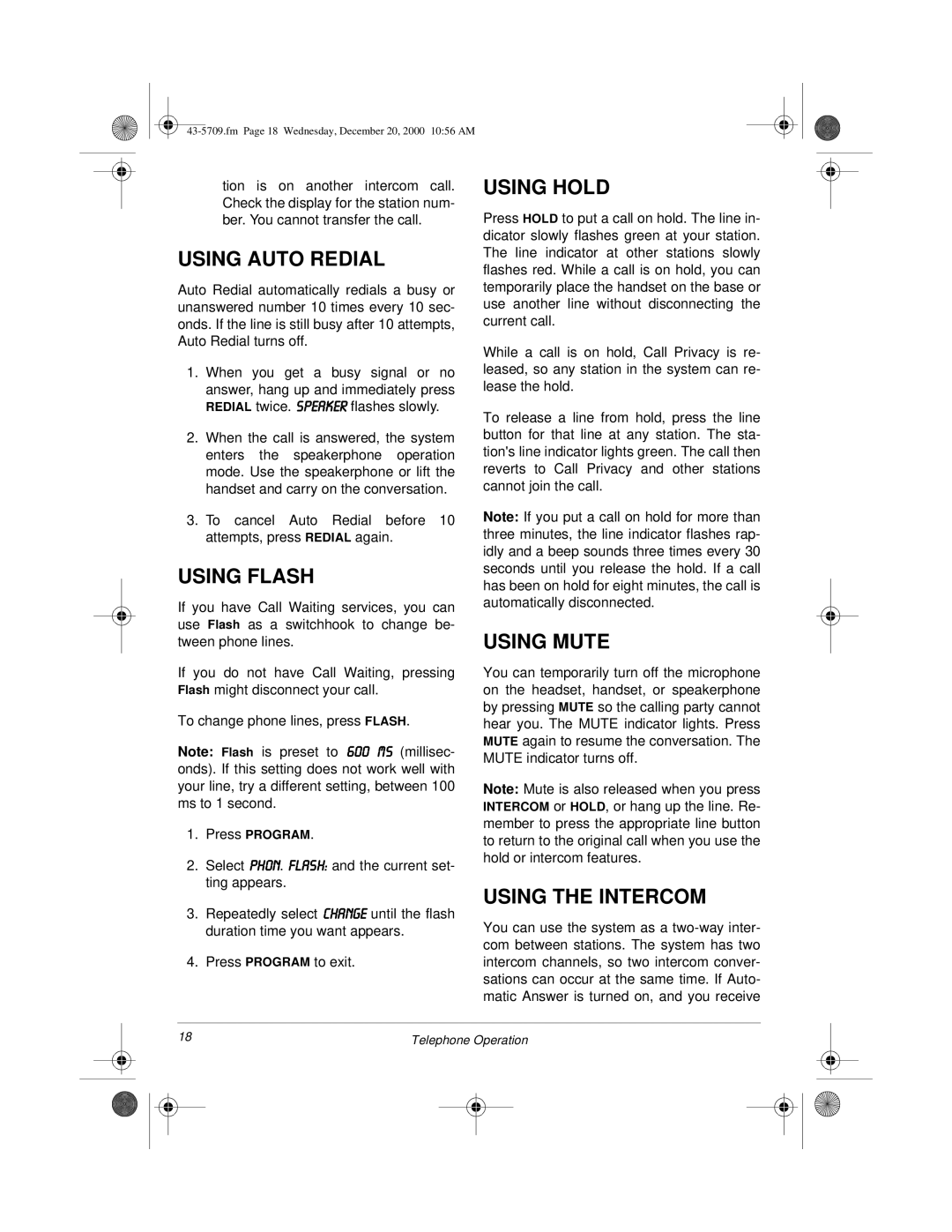 Radio Shack 4-Line Telephone System with Speakerphone and Caller ID Using Auto Redial, Using Flash, Using Hold, Using Mute 