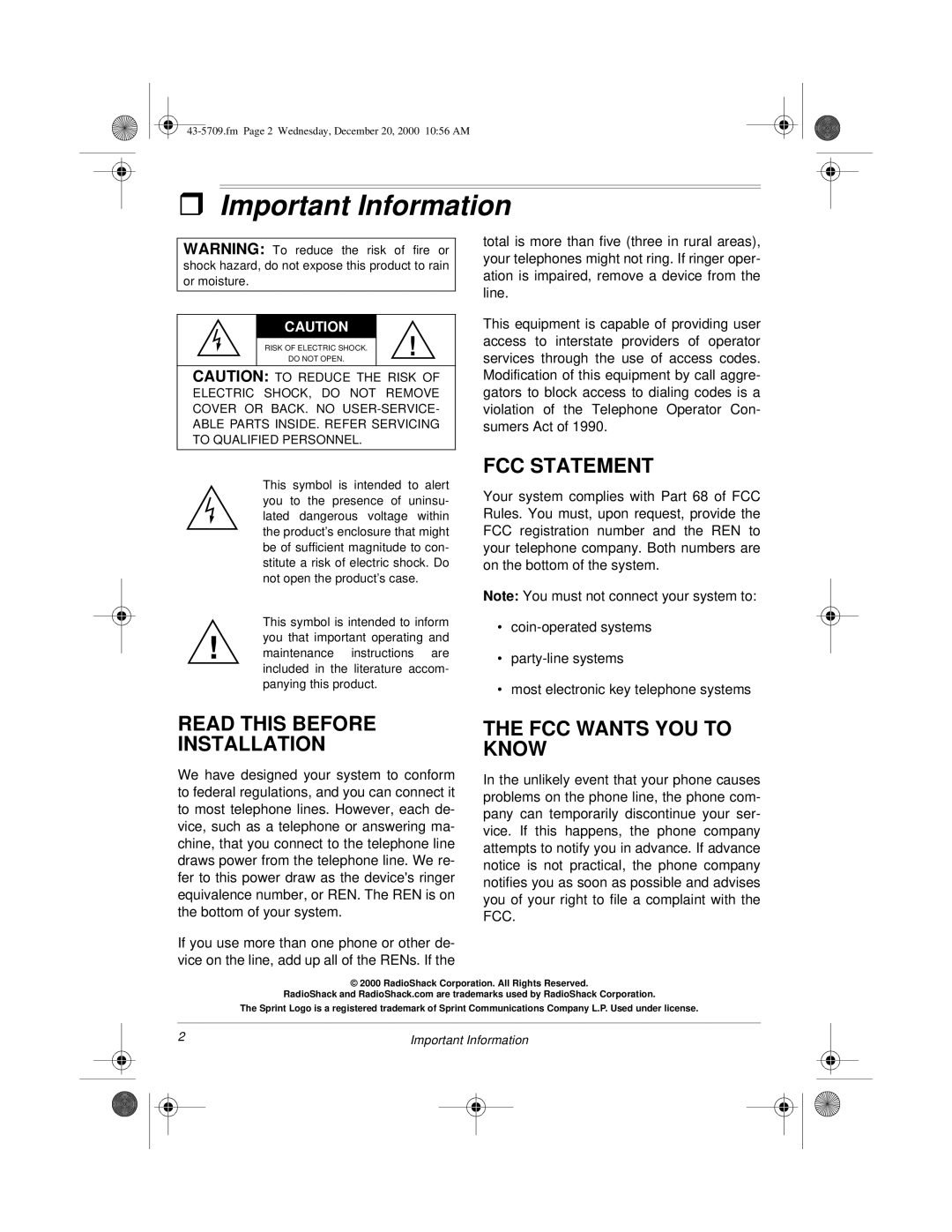 Radio Shack 4-Line Telephone System with Speakerphone and Caller ID owner manual Important Information, FCC Statement 