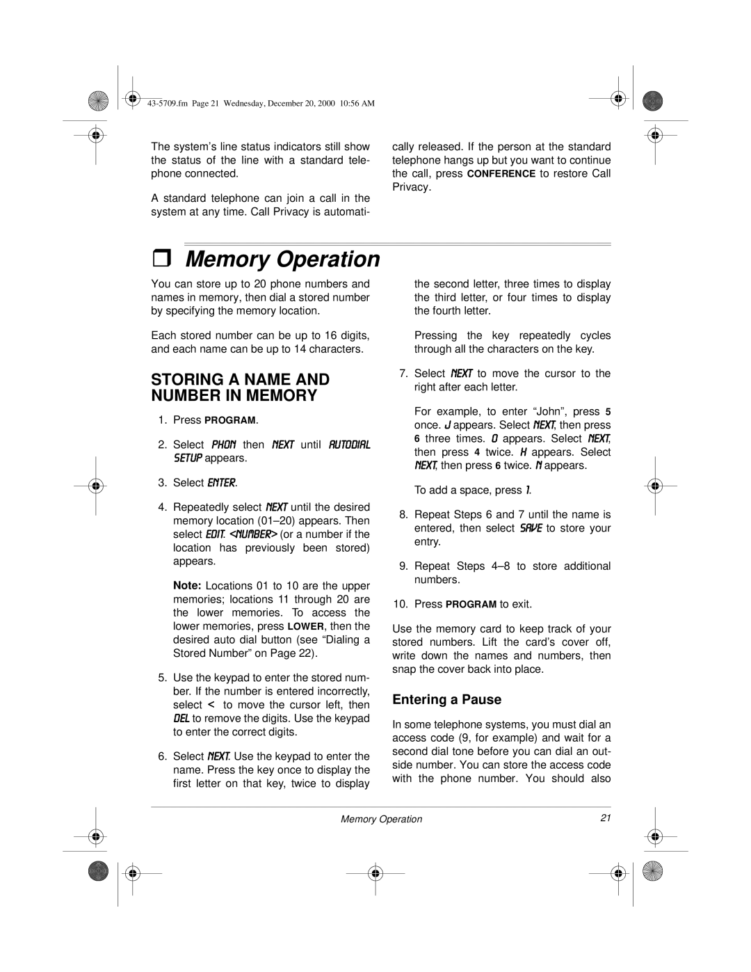 Radio Shack 4-Line Telephone System with Speakerphone and Caller ID Memory Operation, Storing a Name and Number in Memory 