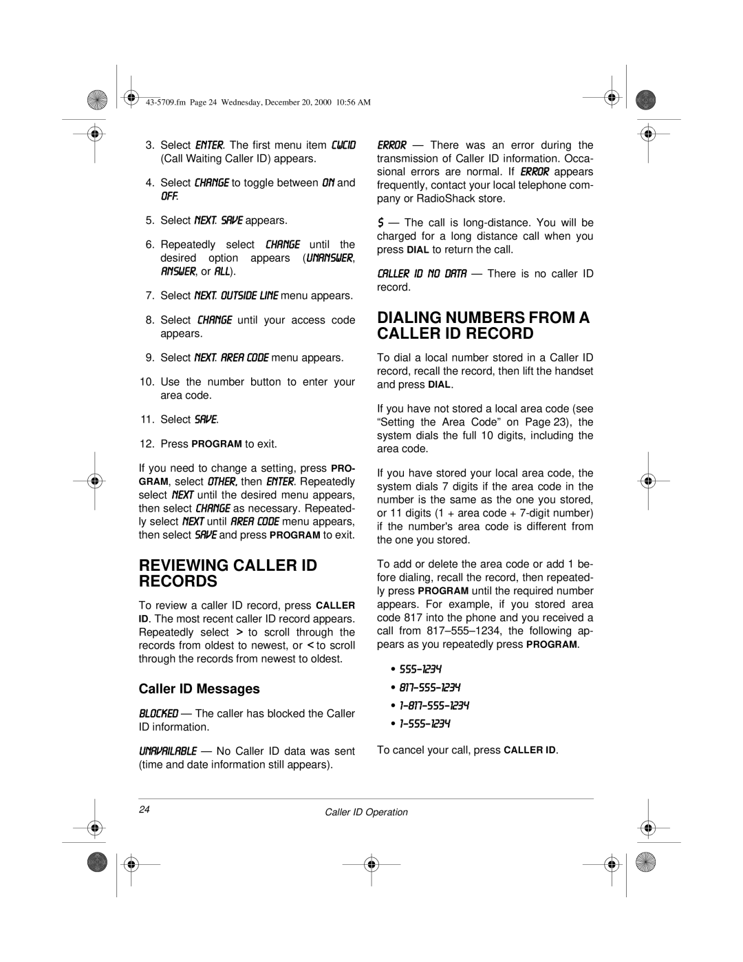 Radio Shack 4-Line Telephone System with Speakerphone and Caller ID Reviewing Caller ID Records, Caller ID Messages 