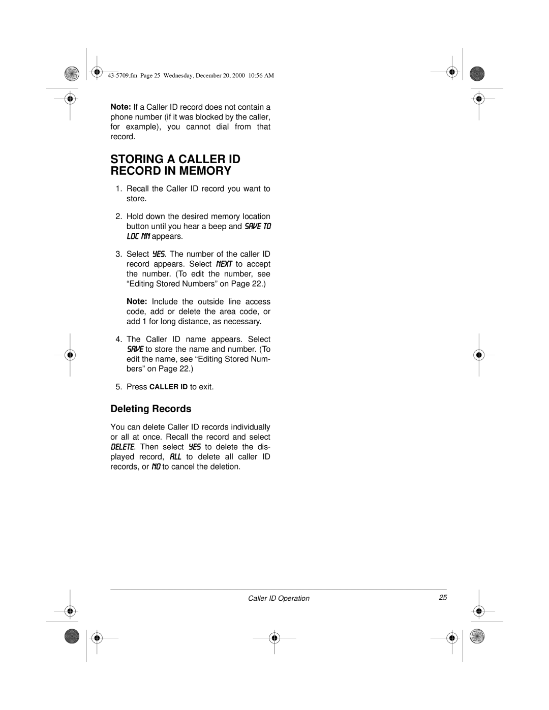 Radio Shack 4-Line Telephone System with Speakerphone and Caller ID Storing a Caller ID Record in Memory, Deleting Records 