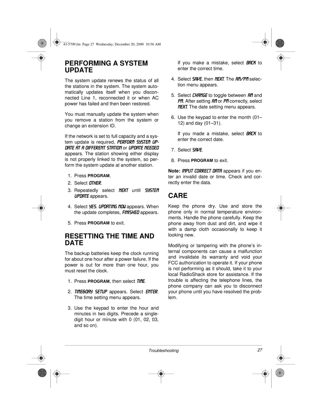 Radio Shack 4-Line Telephone System with Speakerphone and Caller ID owner manual Performing a System Update, Care 