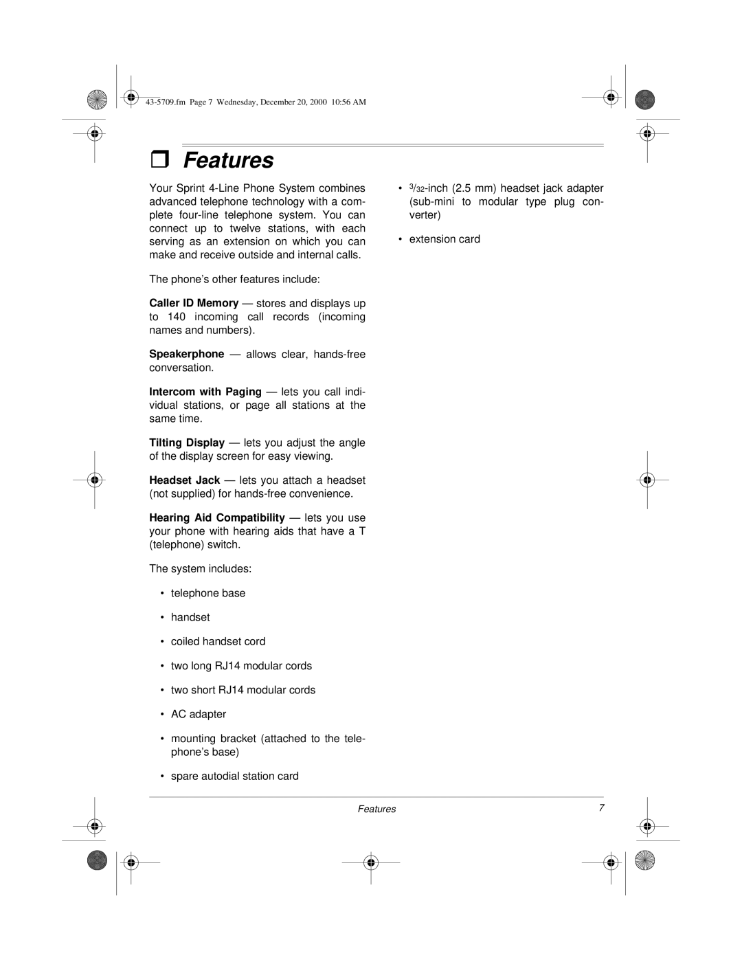 Radio Shack 4-Line Telephone System with Speakerphone and Caller ID owner manual Features 