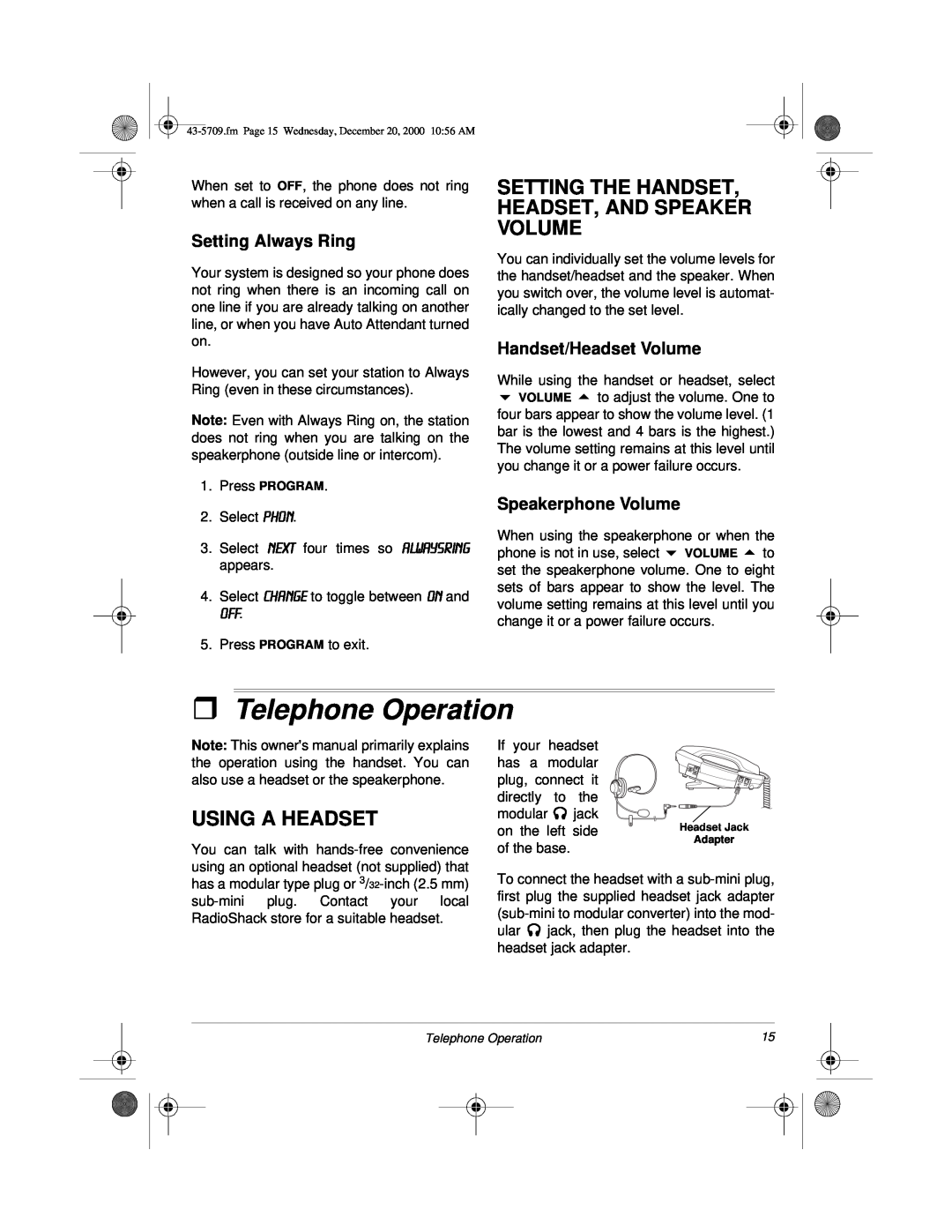 Radio Shack 4-Line Telephone System with Speakerphone and Caller ID owner manual ˆ Telephone Operation, Using A Headset 