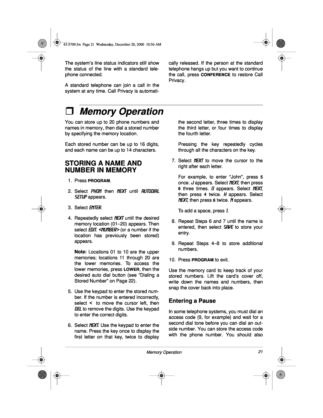 Radio Shack 4-Line Telephone System with Speakerphone and Caller ID owner manual ˆ Memory Operation, Entering a Pause 