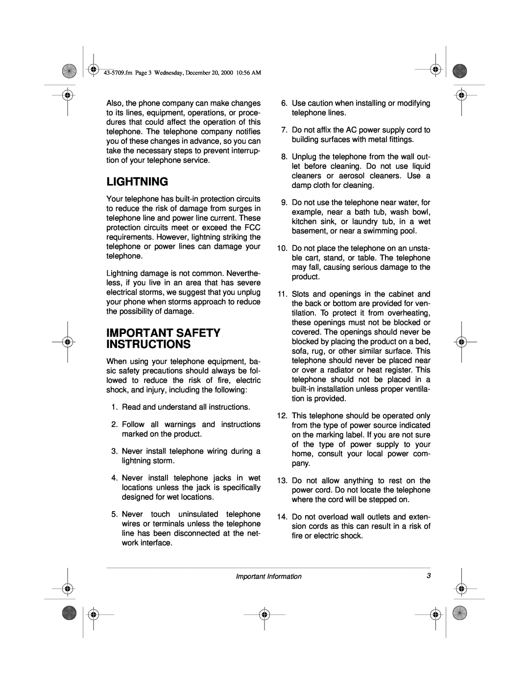 Radio Shack 4-Line Telephone System with Speakerphone and Caller ID owner manual Lightning, Important Safety Instructions 