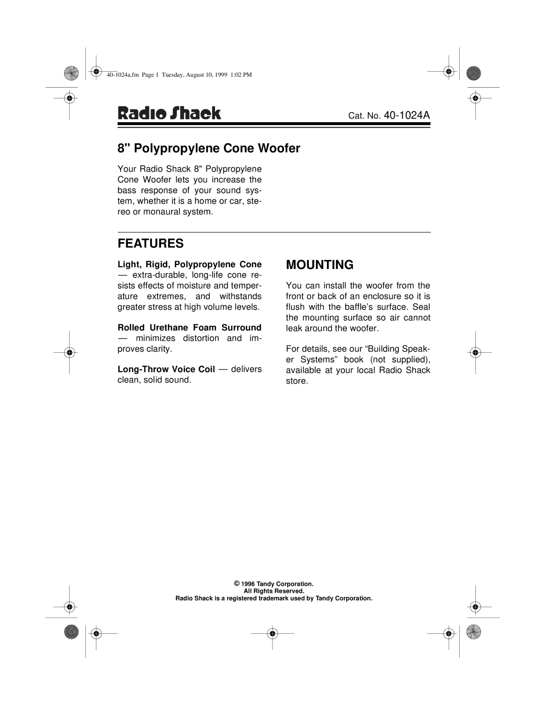 Radio Shack 40-1024A manual Features, Mounting 