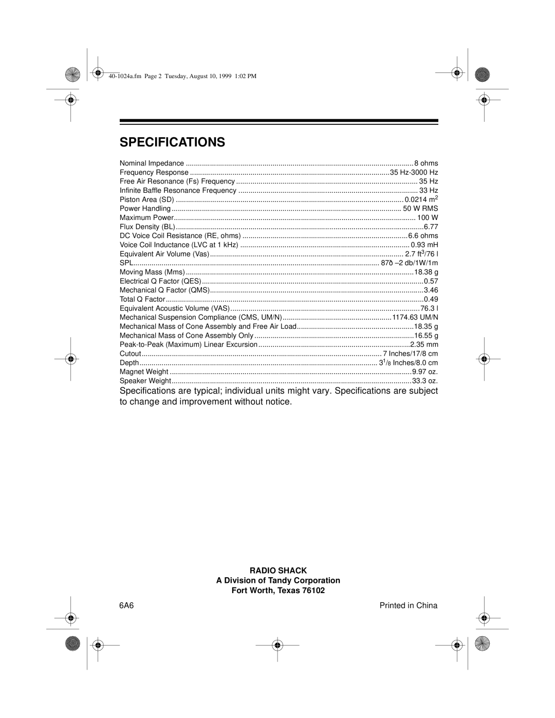 Radio Shack 40-1024A manual Specifications, 18.38 g 