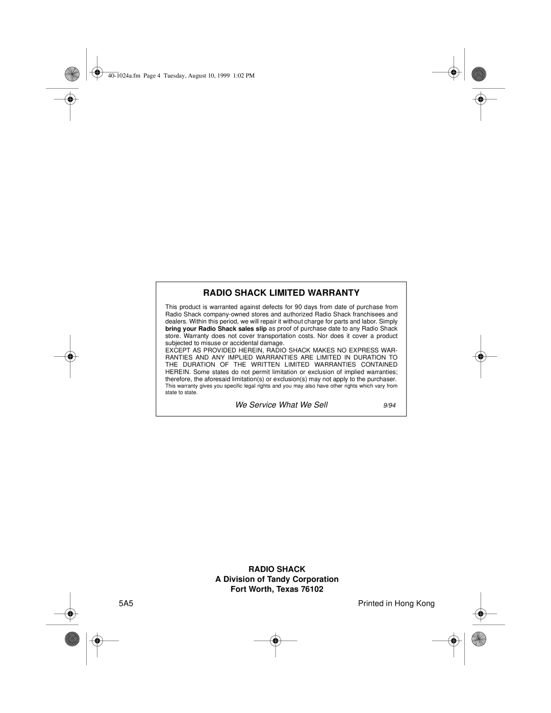 Radio Shack 40-1024A manual Radio Shack Limited Warranty 