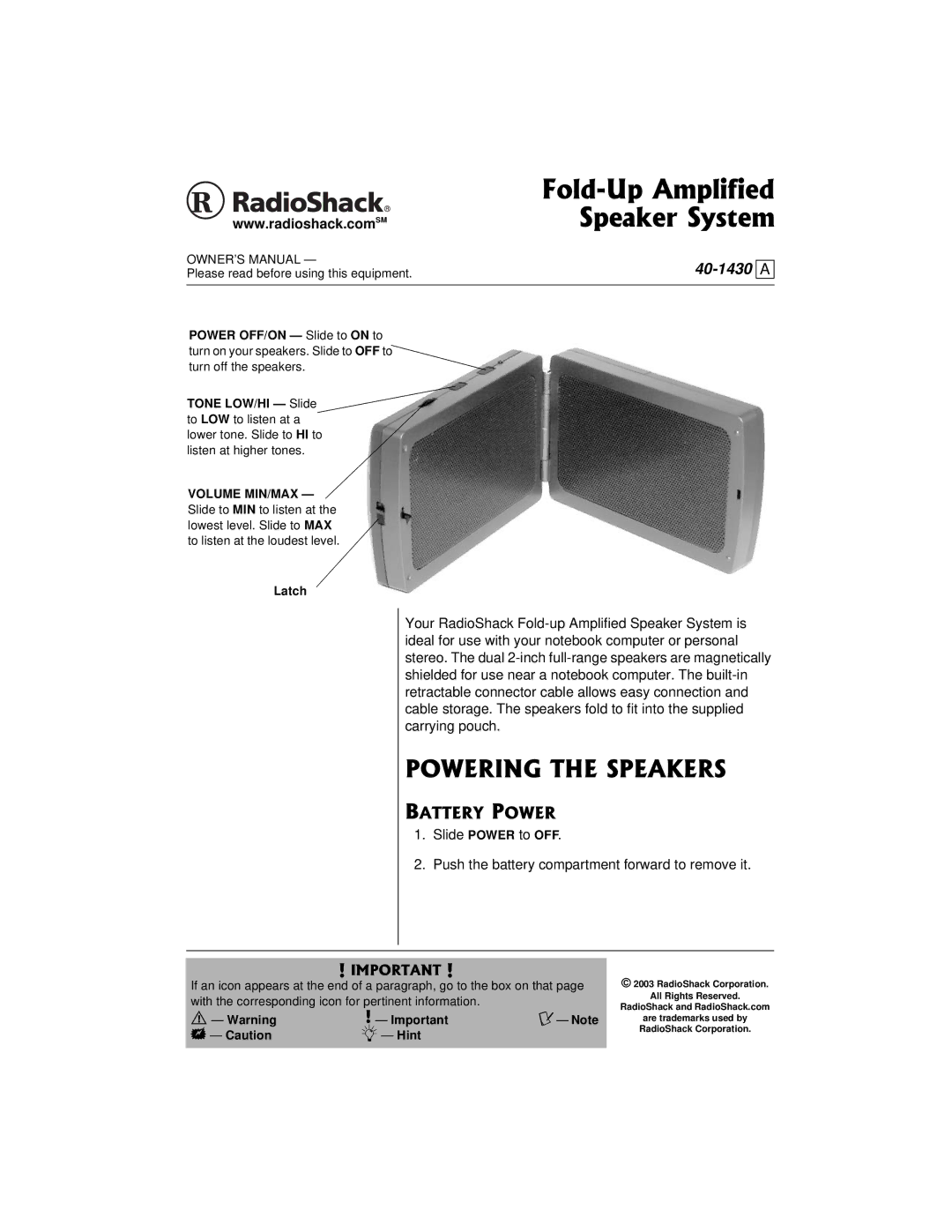 Radio Shack owner manual 40-1430 a 