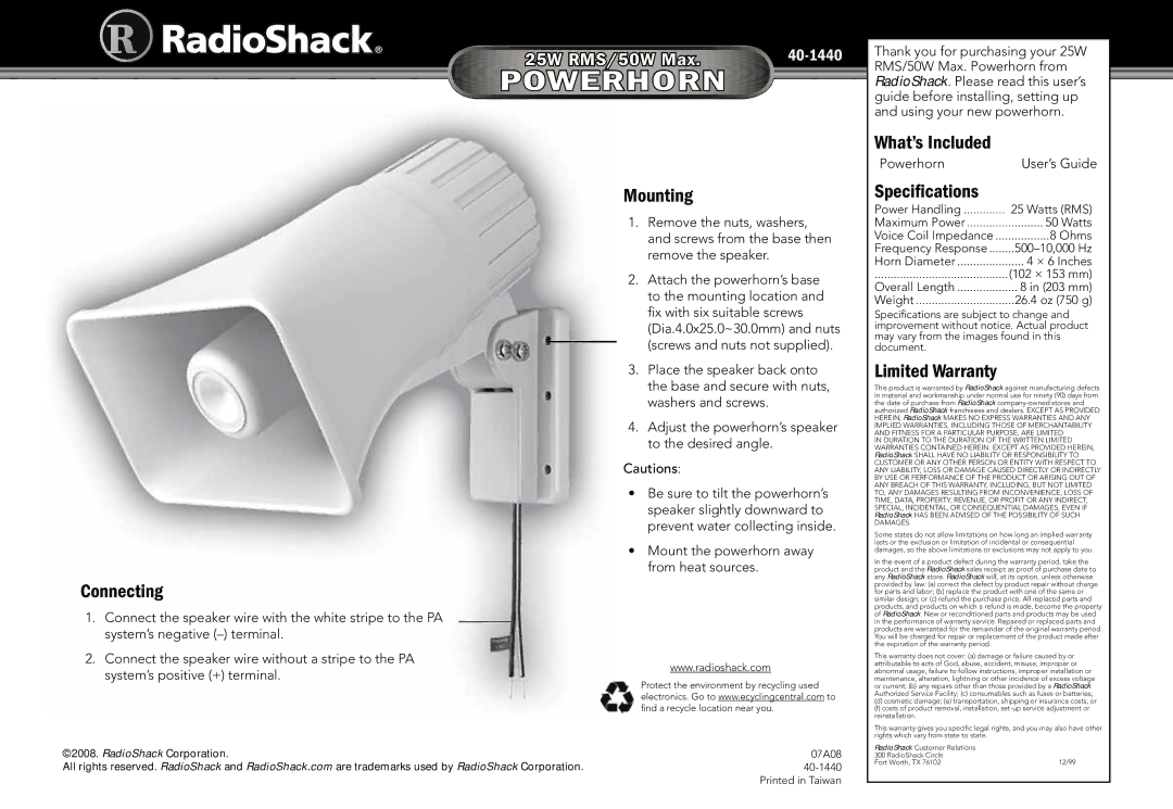 Radio Shack 40-1440 specifications Powerhorn 