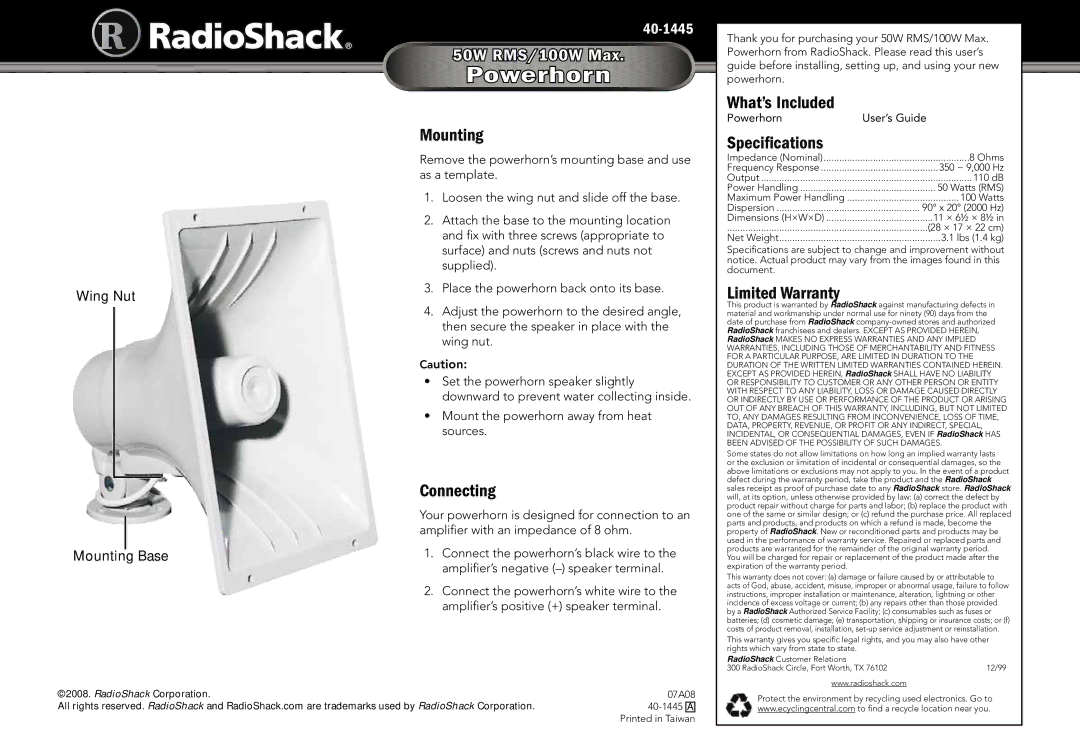 Radio Shack 40-1445 specifications Powerhorn 