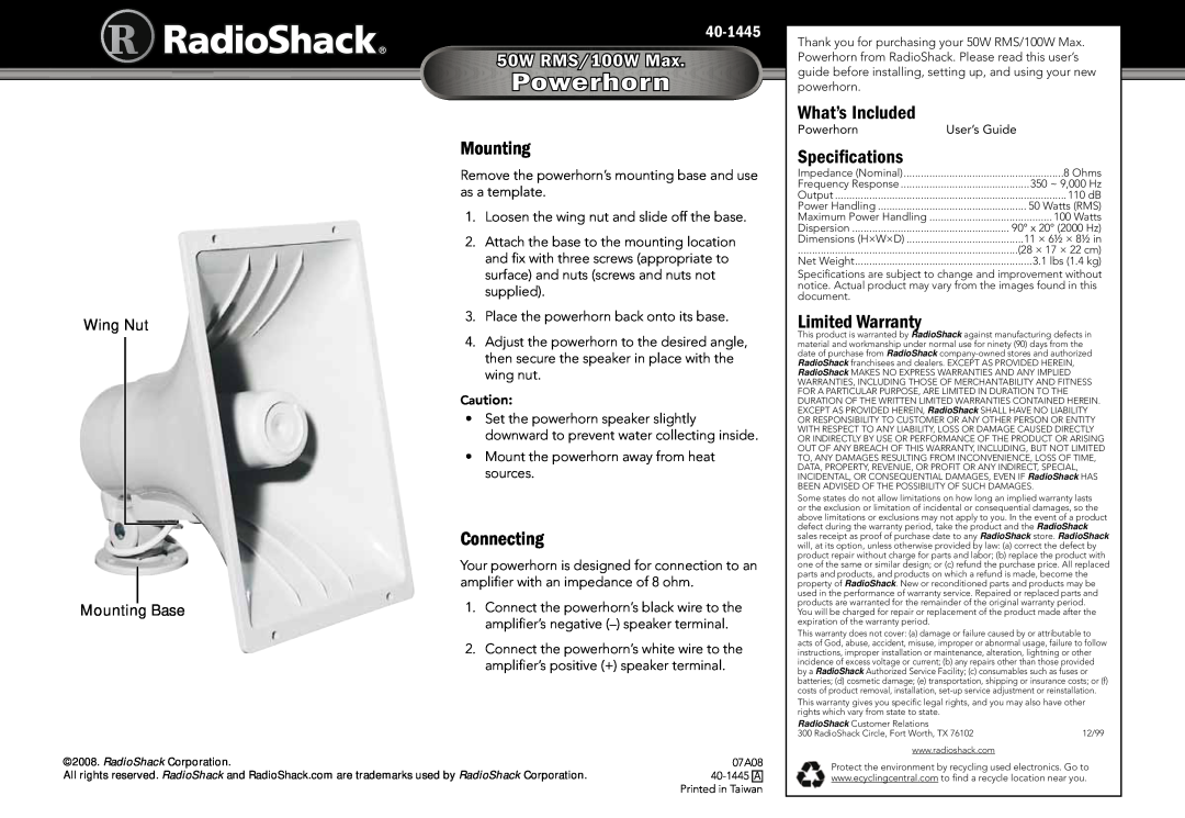 Radio Shack 40-1445 specifications Powerhorn, Mounting, What’s Included, Speciﬁcations, Connecting, Limited Warranty 