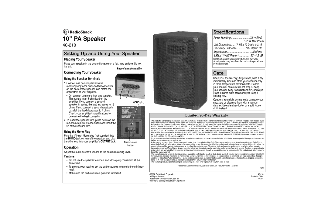 Radio Shack 40-210 specifications Setting Up and Using Your Speaker, Specifications, Care 