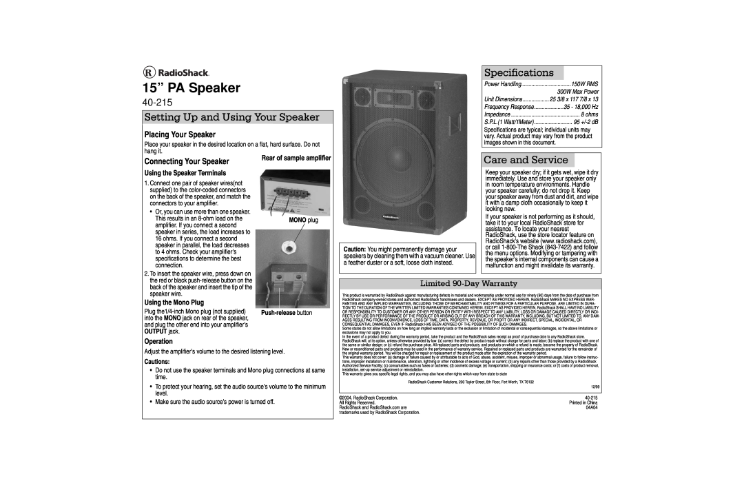 Radio Shack 40-215 specifications 15” PA Speaker, Setting Up and Using Your Speaker, Specifications, Care and Service 