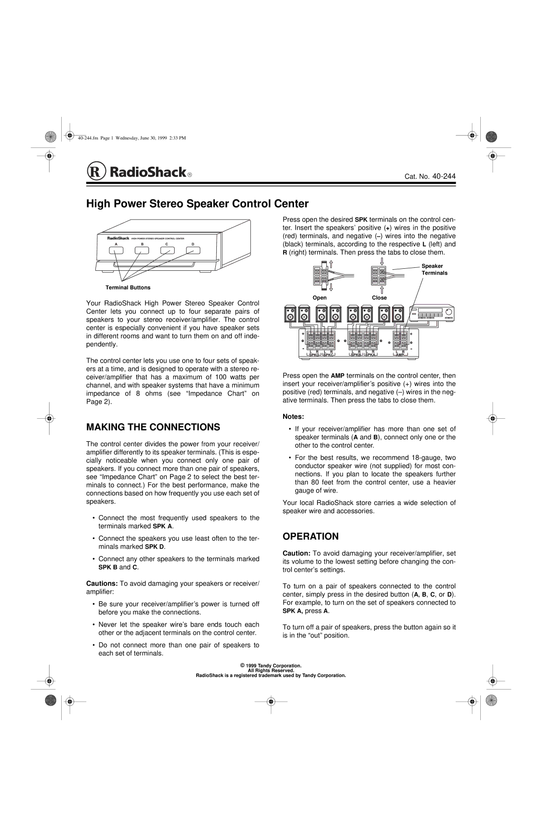 Radio Shack 40-244 manual High Power Stereo Speaker Control Center, Making the Connections, Operation, SPK B and C 