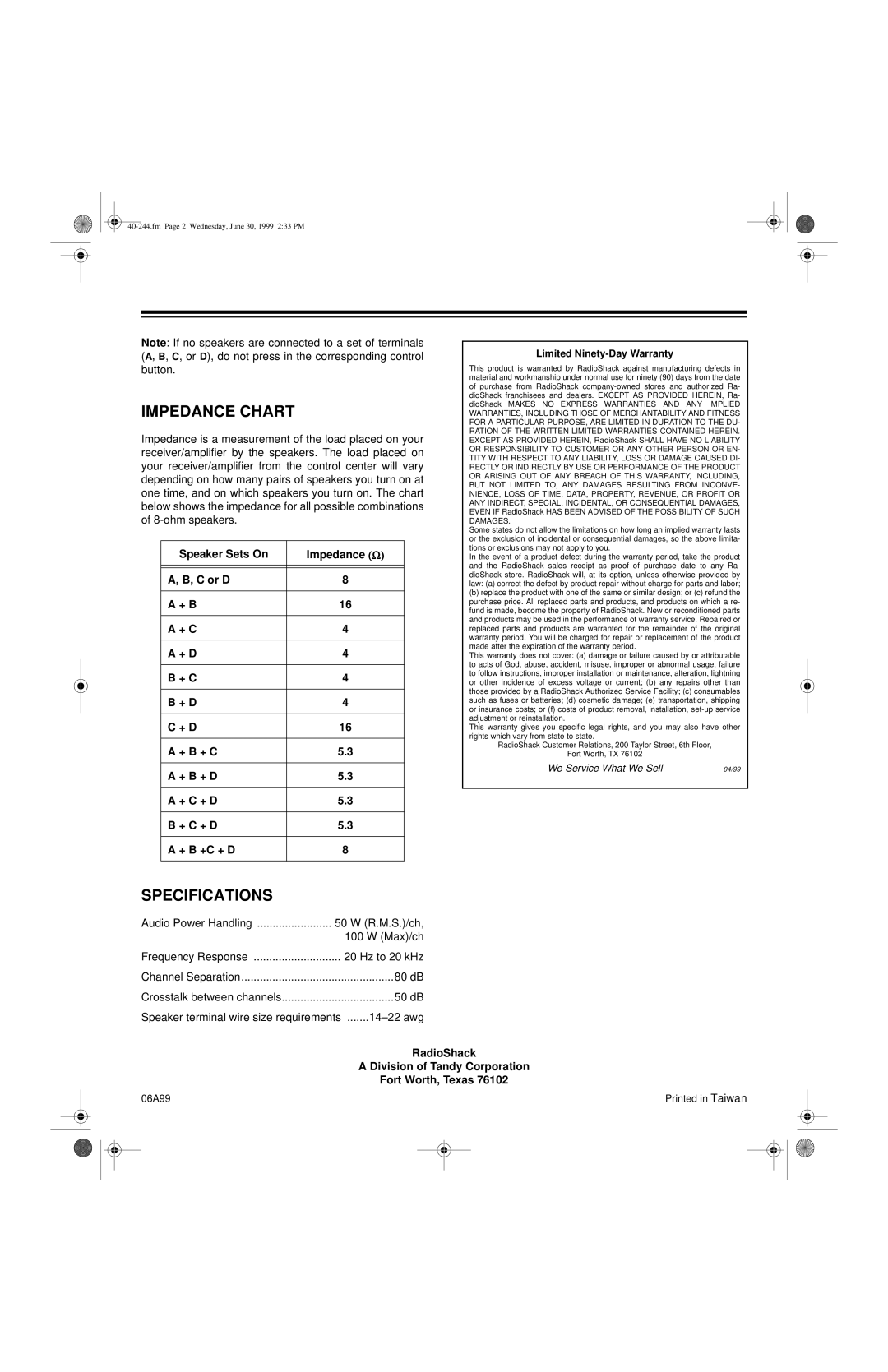 Radio Shack 40-244 manual Impedance Chart, Specifications, Limited Ninety-Day Warranty 