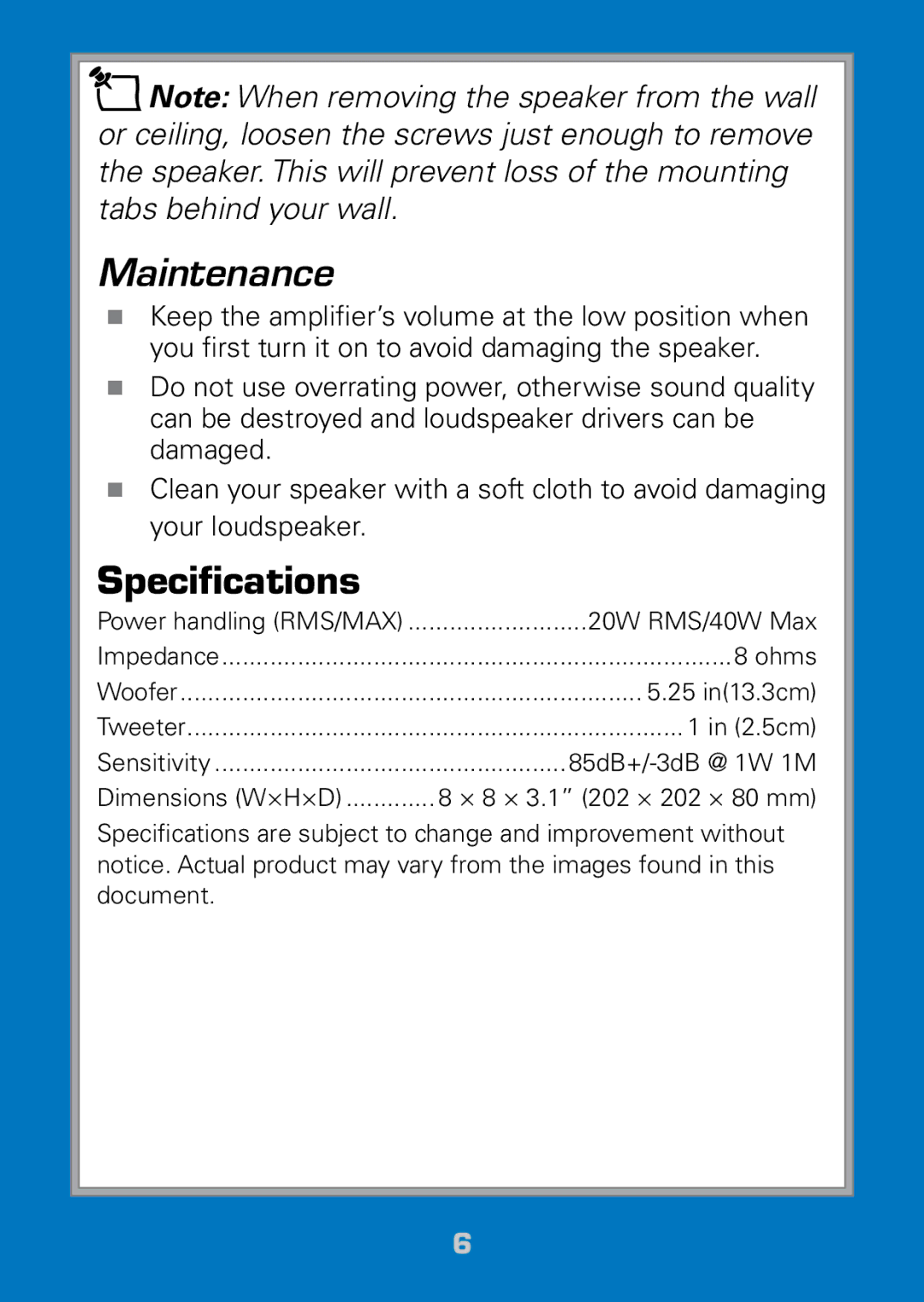 Radio Shack 40-289 manual Maintenance, Specifications 