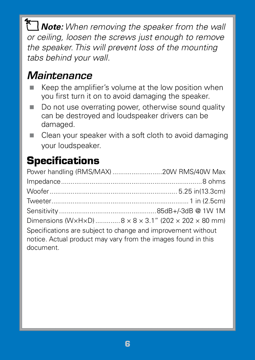 Radio Shack 40-289 manual Maintenance, Specifications 