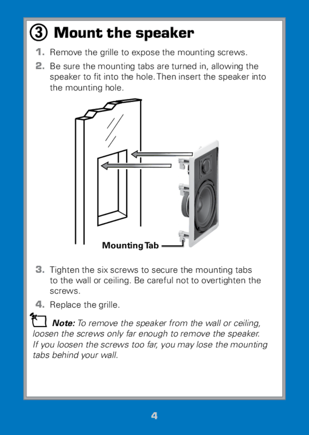 Radio Shack 40-290 manual Mount the speaker, Mounting Tab 