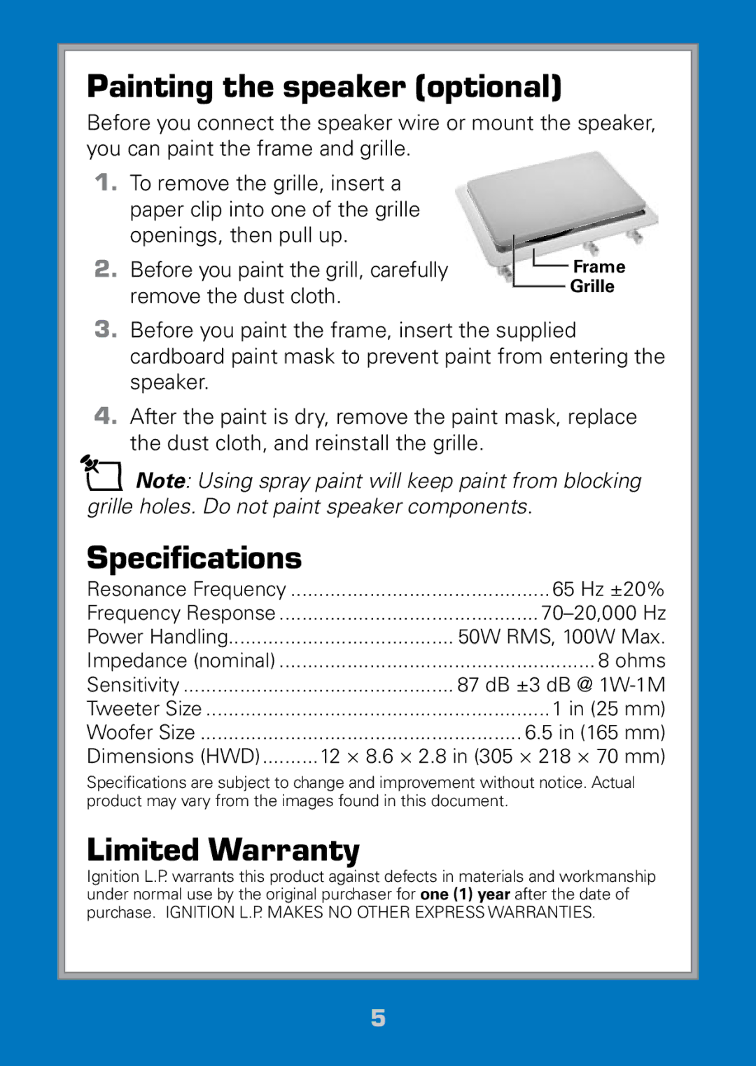 Radio Shack 40-290 manual Painting the speaker optional, Specifications, Limited Warranty 