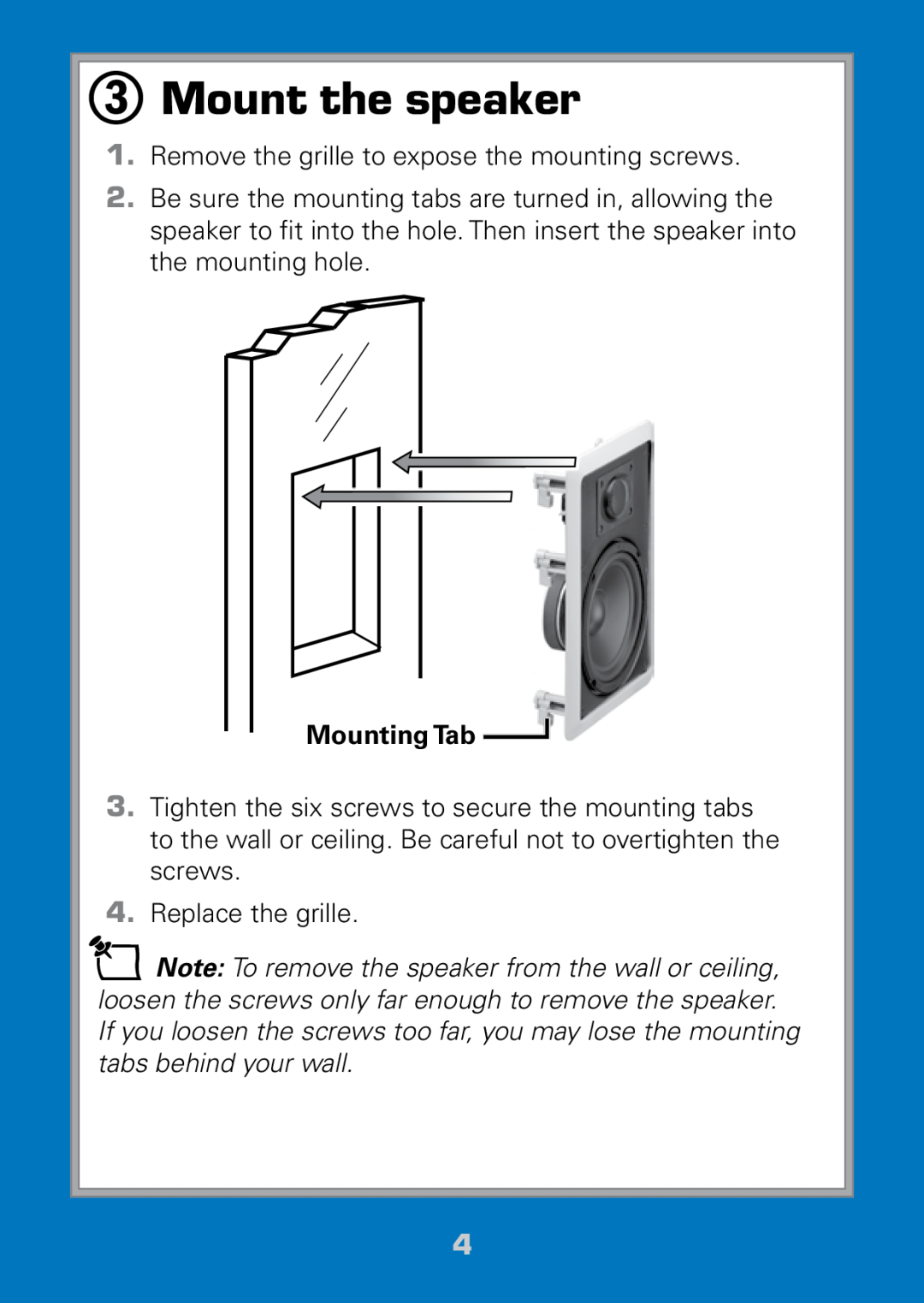 Radio Shack 40-290 manual 3Mount the speaker, Mounting Tab 