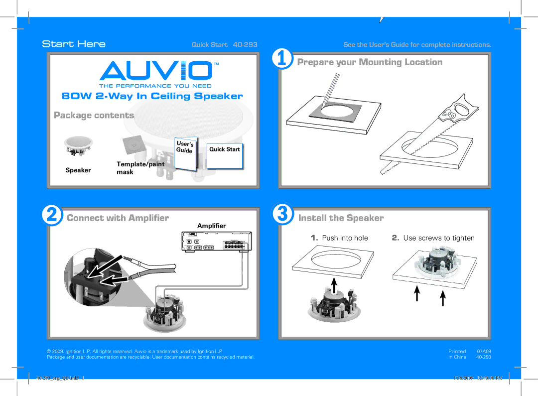 Radio Shack 40-293 quick start Package contents, Prepare your Mounting Location, Connect with Amplifier 