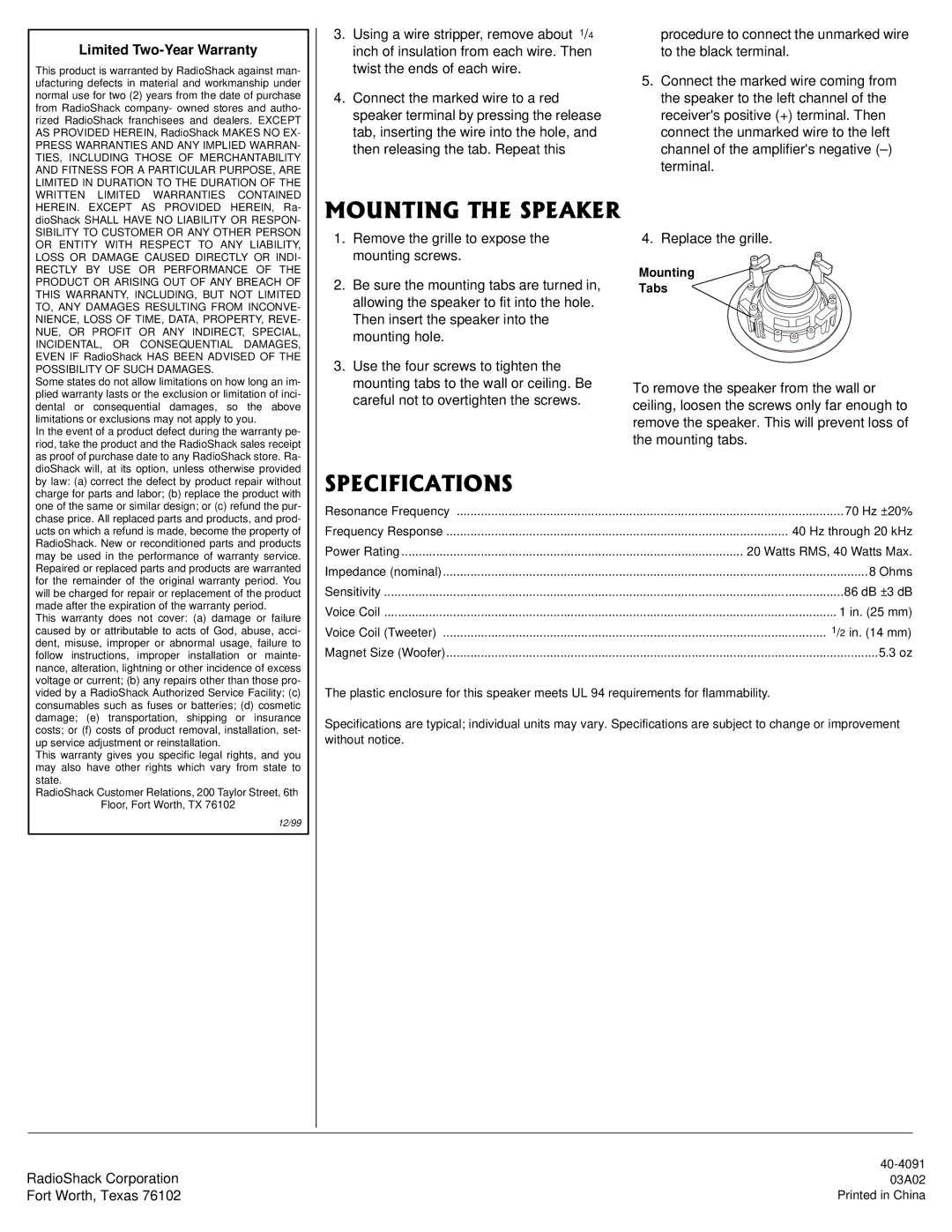 Radio Shack 40-4091 owner manual 1706+06*52#-4, 52%++%#6+105, Limited Two-Year Warranty 