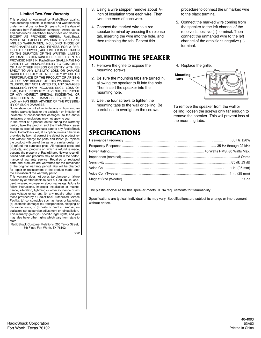 Radio Shack 40-4093 owner manual 1706+06*52#-4, 52%++%#6+105 