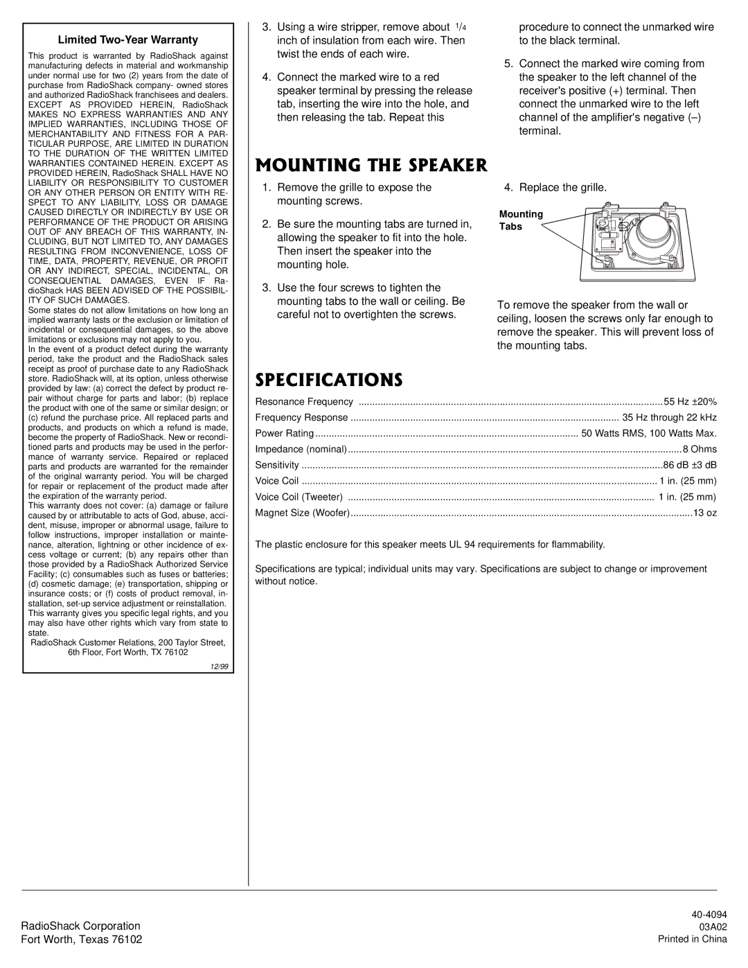 Radio Shack 40-4094 owner manual 1706+06*52#-4, 52%++%#6+105 