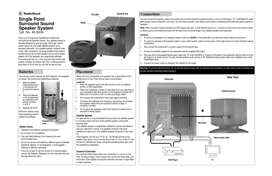 Radio Shack 40-5034 manual Batteries, Placement, Connections 