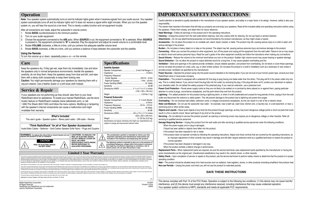 Radio Shack 40-5034 manual Operation, Care, Service & Repair, Specifications, Using the Remote 