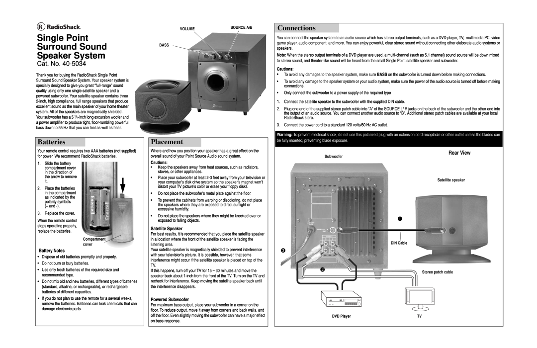 Radio Shack 40-5034 manual Batteries, Placement, Connections, Battery Notes, Satellite Speaker, Powered Subwoofer, Cat. No 