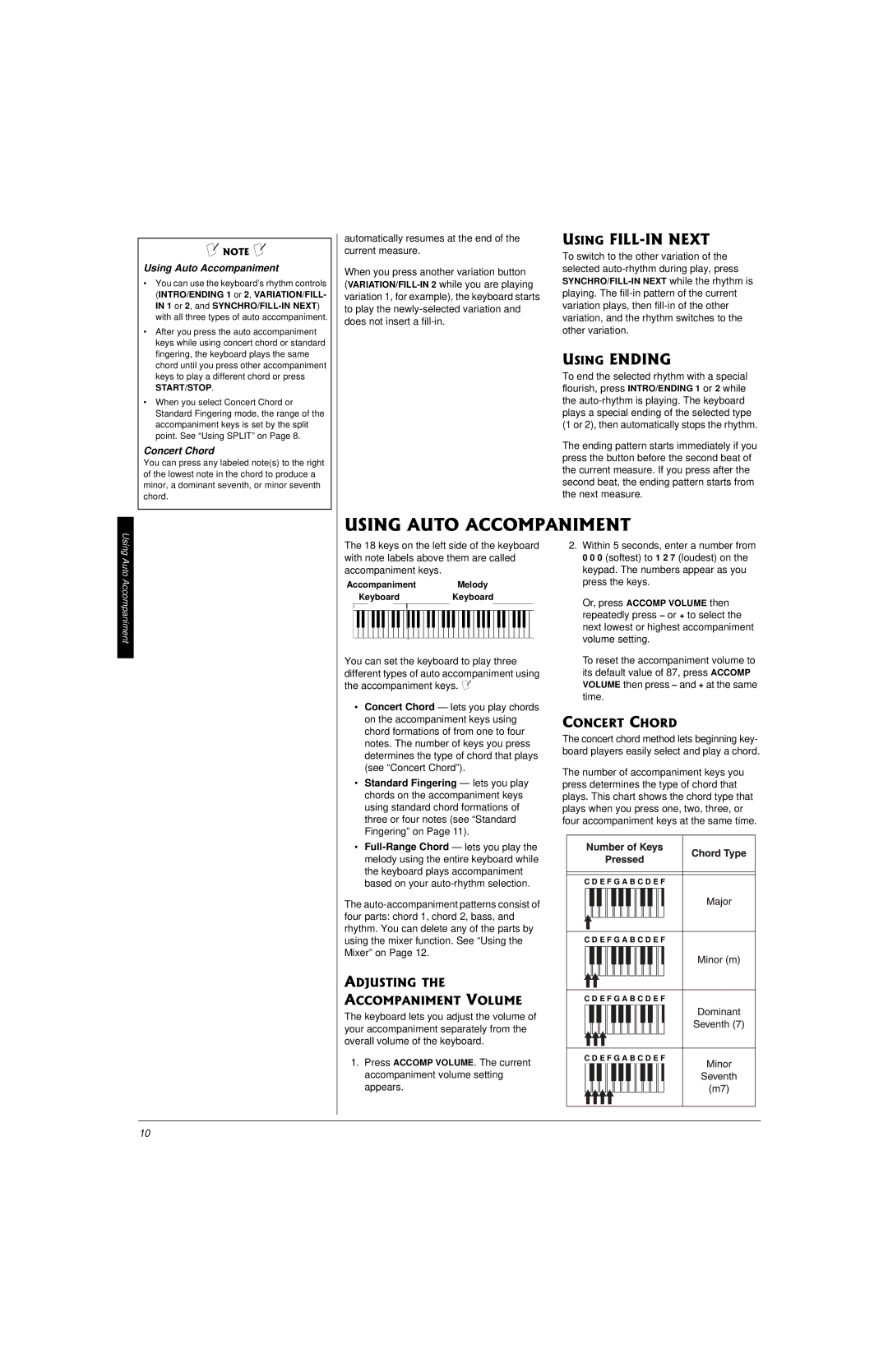 Radio Shack 42-4058 owner manual Using Auto Accompaniment, Concert Chord 