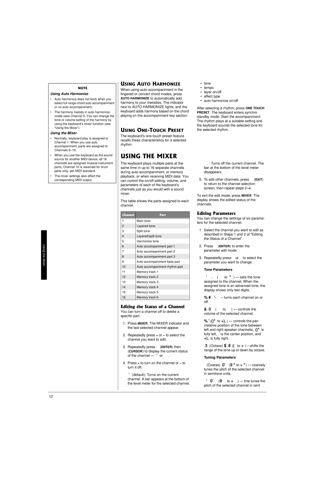 Radio Shack 42-4058 owner manual Using Auto Harmonize, Using the Mixer, Tone Parameters, Tuning Parameters 