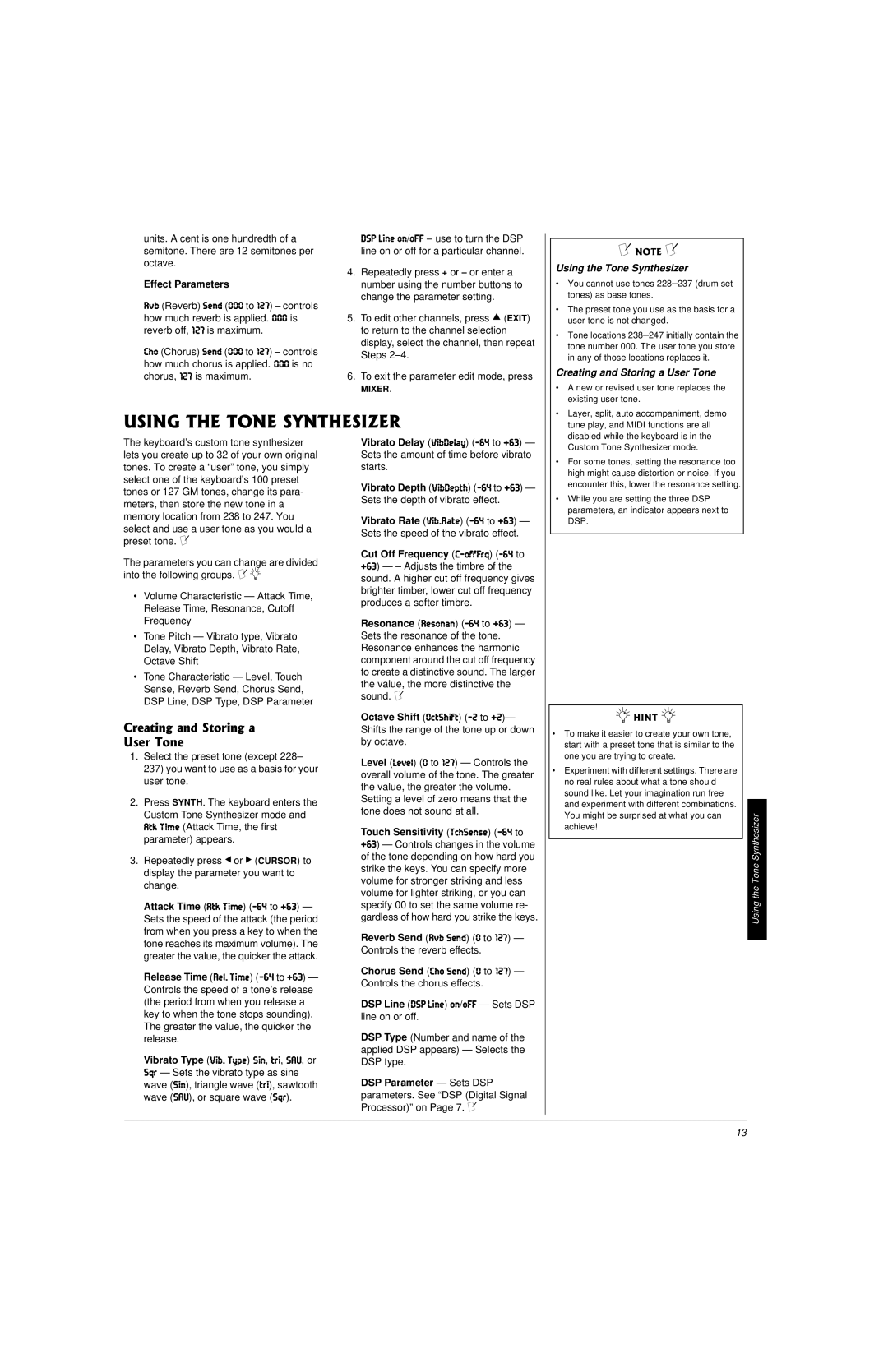 Radio Shack 42-4058 owner manual Effect Parameters, Using the Tone Synthesizer, Creating and Storing a User Tone 