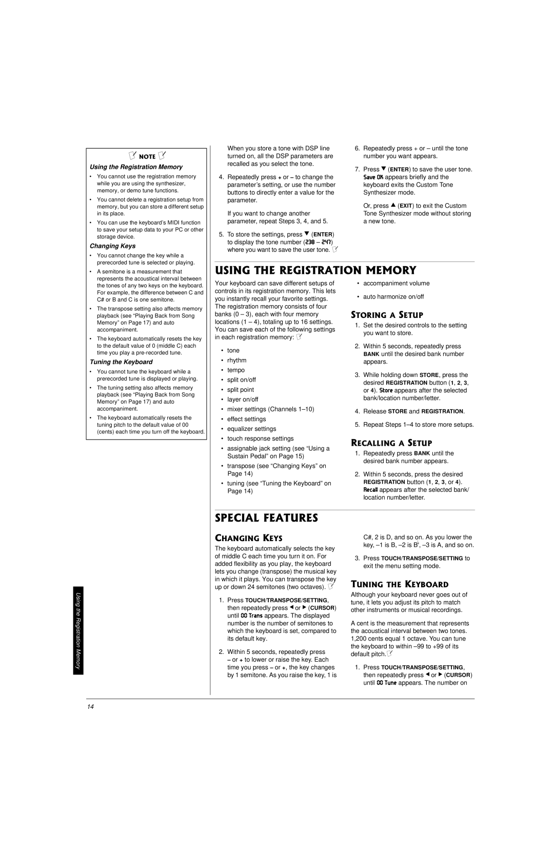 Radio Shack 42-4058 owner manual Using the Registration Memory, Changing Keys, Tuning the Keyboard 