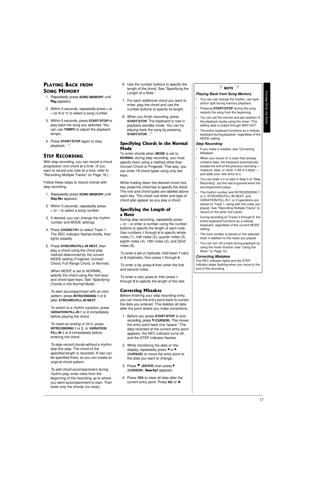 Radio Shack 42-4058 owner manual Playing Back from Song Memory, Step Recording, Correcting Mistakes 