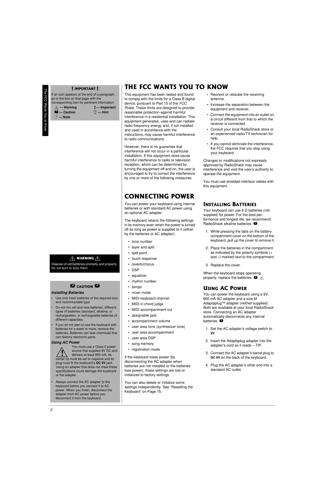 Radio Shack 42-4058 owner manual Installing Batteries, Using AC Power, FCCWantsYoutoKnow 