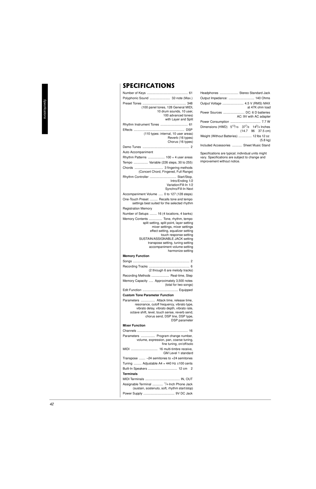 Radio Shack 42-4058 owner manual Specifications, Memory Function 