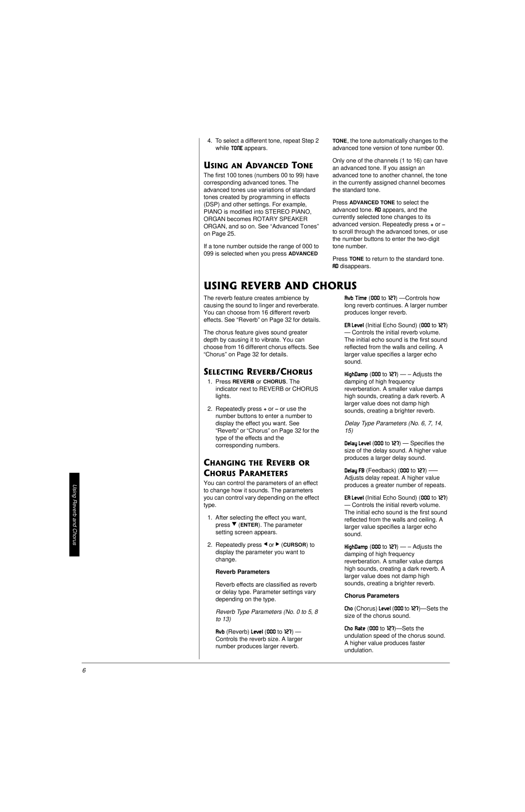 Radio Shack 42-4058 owner manual Reverb Parameters, Chorus Parameters, Using Reverb and Chorus 