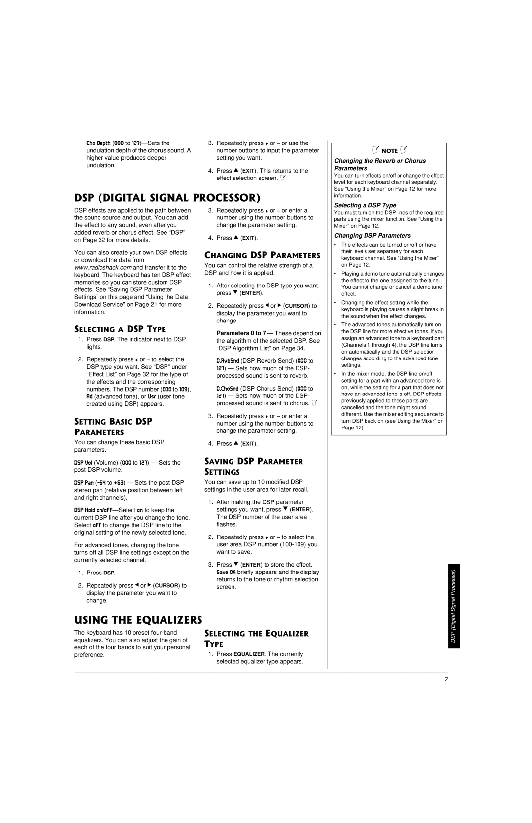 Radio Shack 42-4058 Changing the Reverb or Chorus Parameters, Selecting a DSP Type, Changing DSP Parameters, DSP Digital 