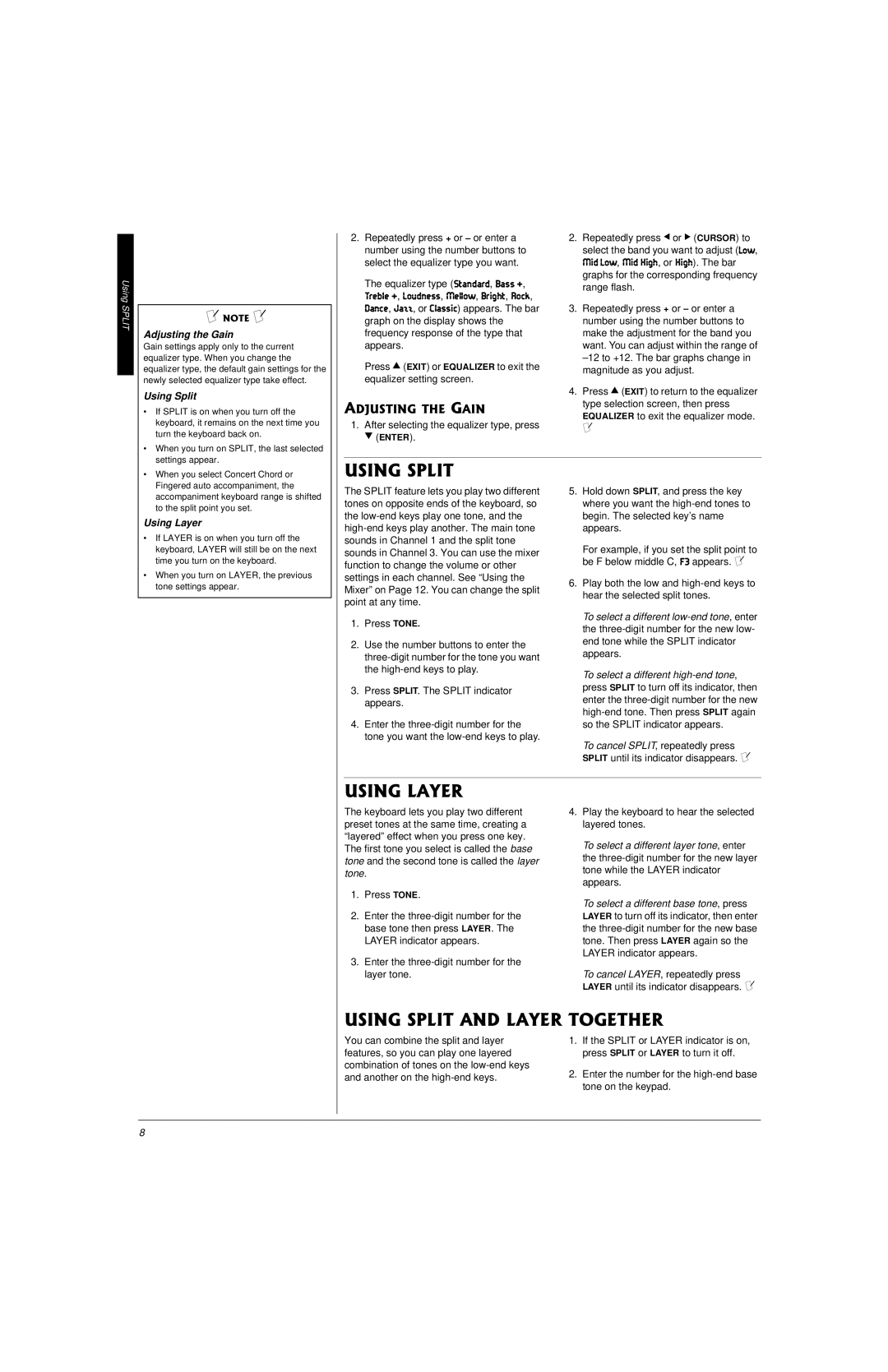 Radio Shack 42-4058 owner manual Adjusting the Gain, Using Split, Using Layer 